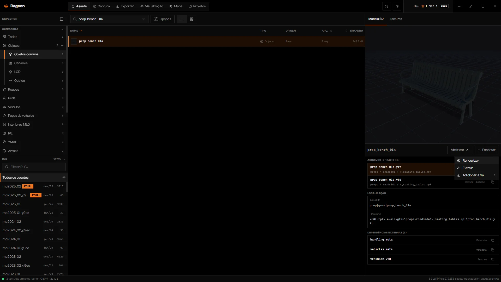 Menu Exportar de prop_bench_01a com Renderizar, Extrair e Adicionar à fila