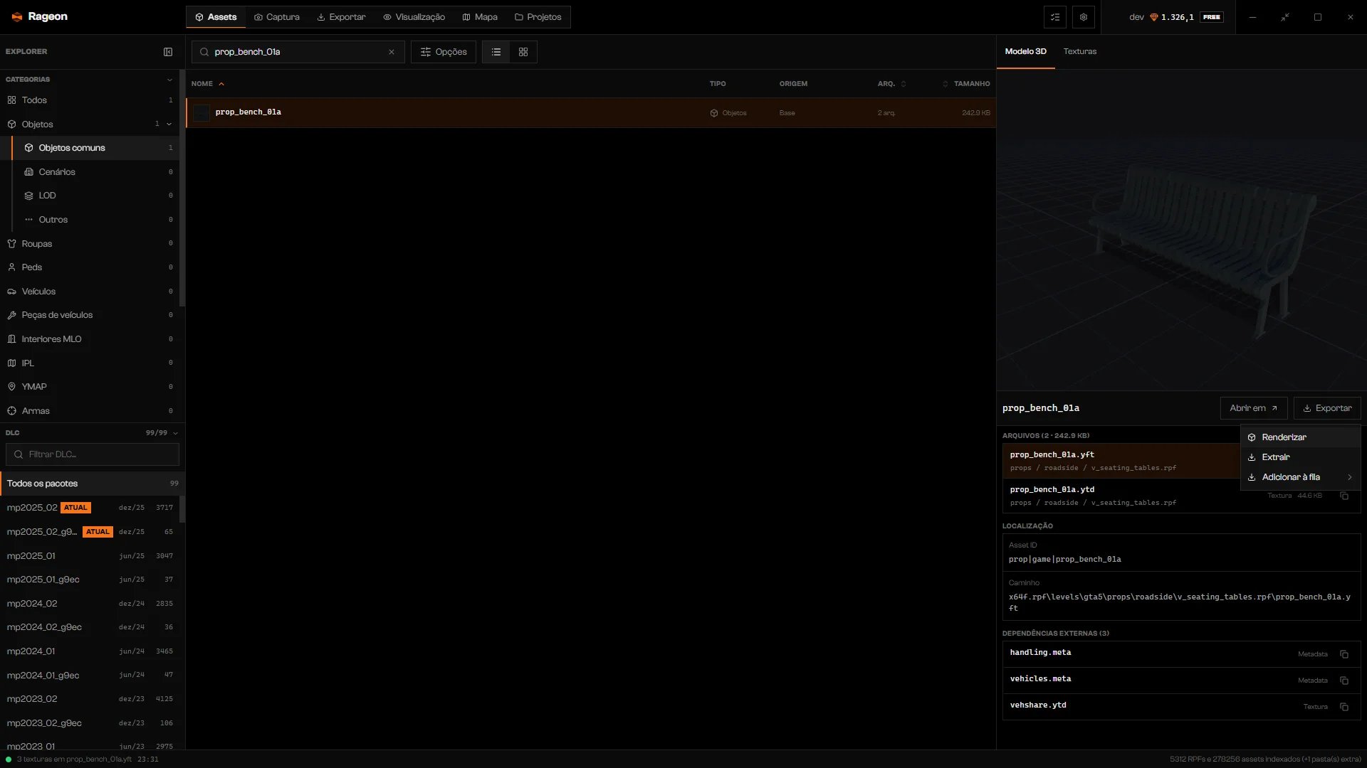 Menu Exportar de prop_bench_01a com Renderizar, Extrair e Adicionar à fila