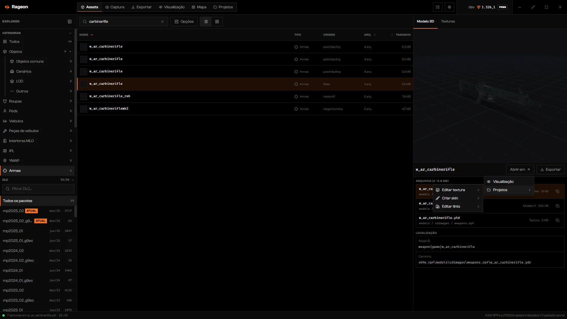 Submenu Projetos de w_ar_carbinerifle com Editar textura, Criar skin e Editar tints