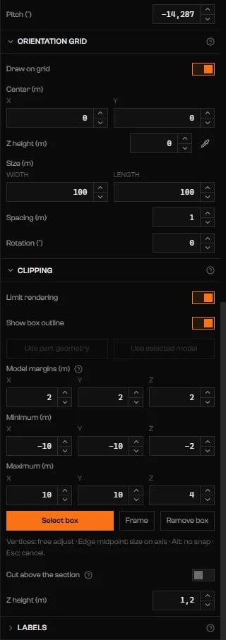 Clipping section with Limit rendering and Show box outline on, margins, minimum and maximum values, Select box, Frame, Remove box, and Cut above the section