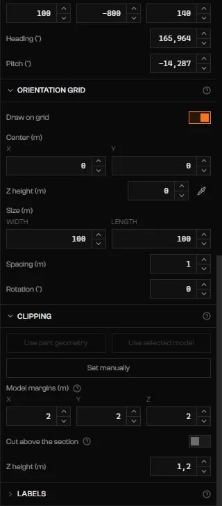 View panel scrolled to Camera, Orientation grid with center, height, size, spacing, and rotation, and Clipping