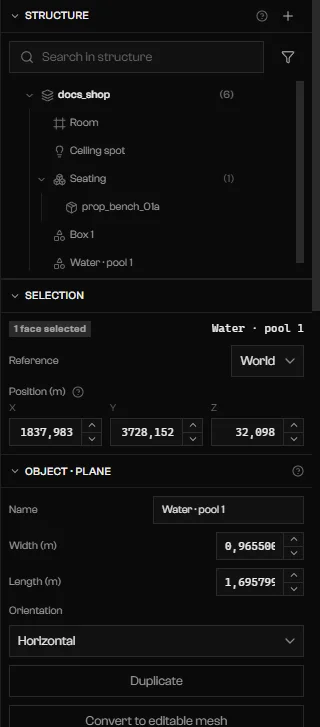 Structure tree with Water · pool 1 selected and Object · Plane parameters below
