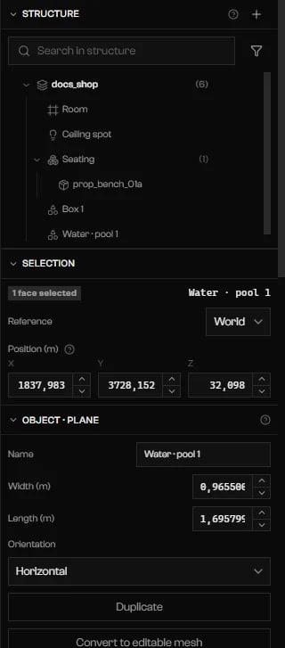 Structure tree with Water · pool 1 selected and Object · Plane parameters below