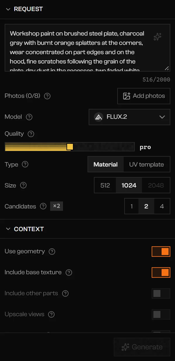AI tab with a written request, two candidates selected, and the Generate button greyed out