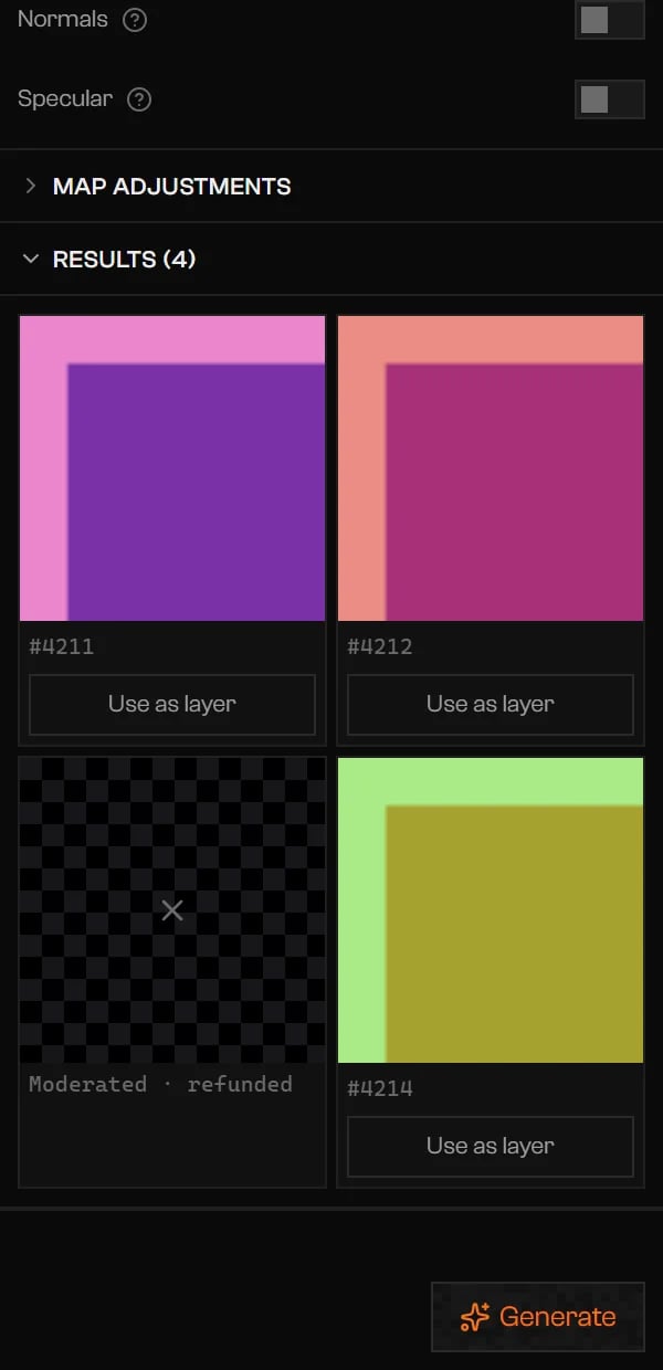 Results (4) with three candidate images, each with a seed and Use as layer, and a card marked Moderated · refunded