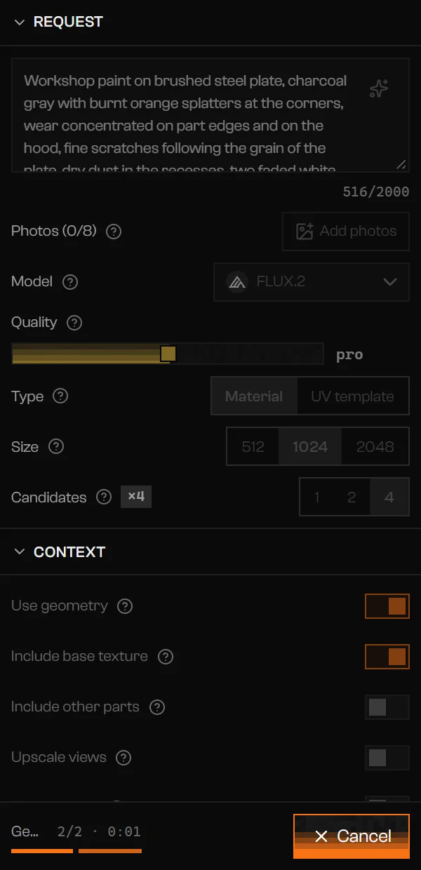 AI tab during a generation with four candidates requested, a step timer in the footer, and a Cancel button