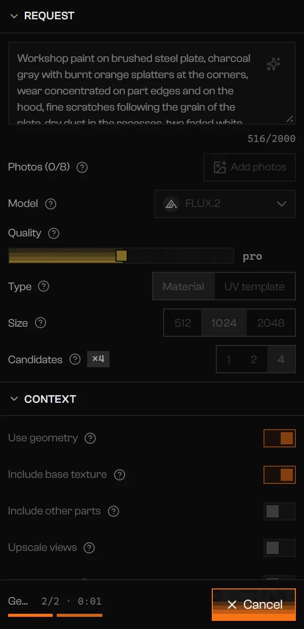 AI tab during a generation with four candidates requested, a step timer in the footer, and a Cancel button