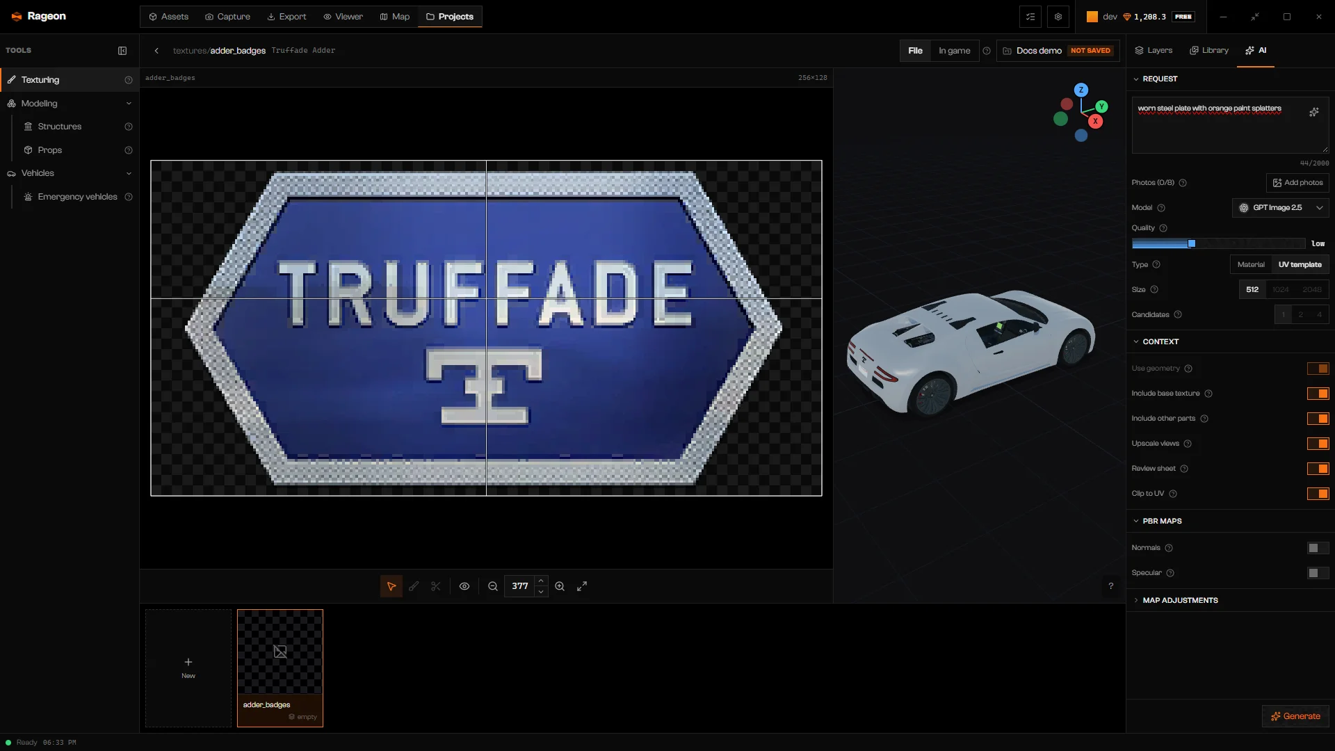 AI tab with UV template selected, Candidates fixed at one, and the Context toggles on