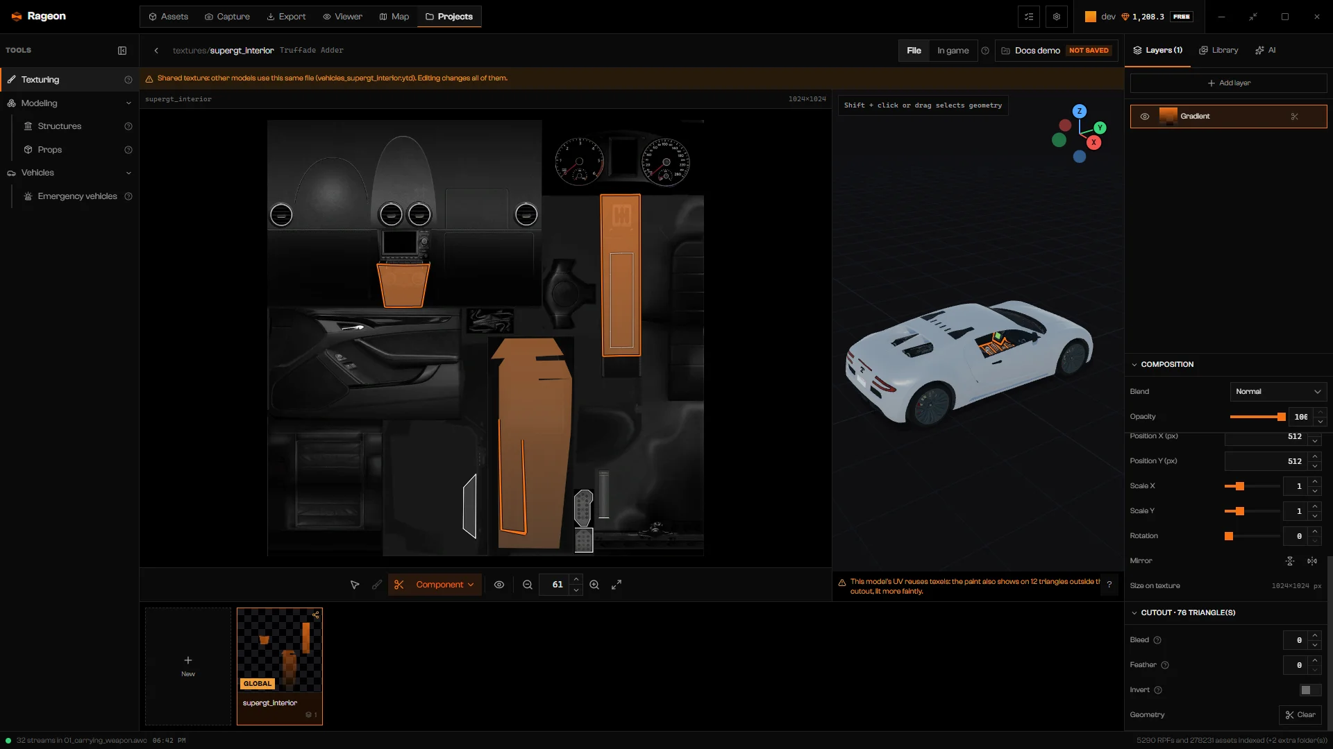 Clipped gradient layer with the UV guide, selection on the car, and the Cutout section