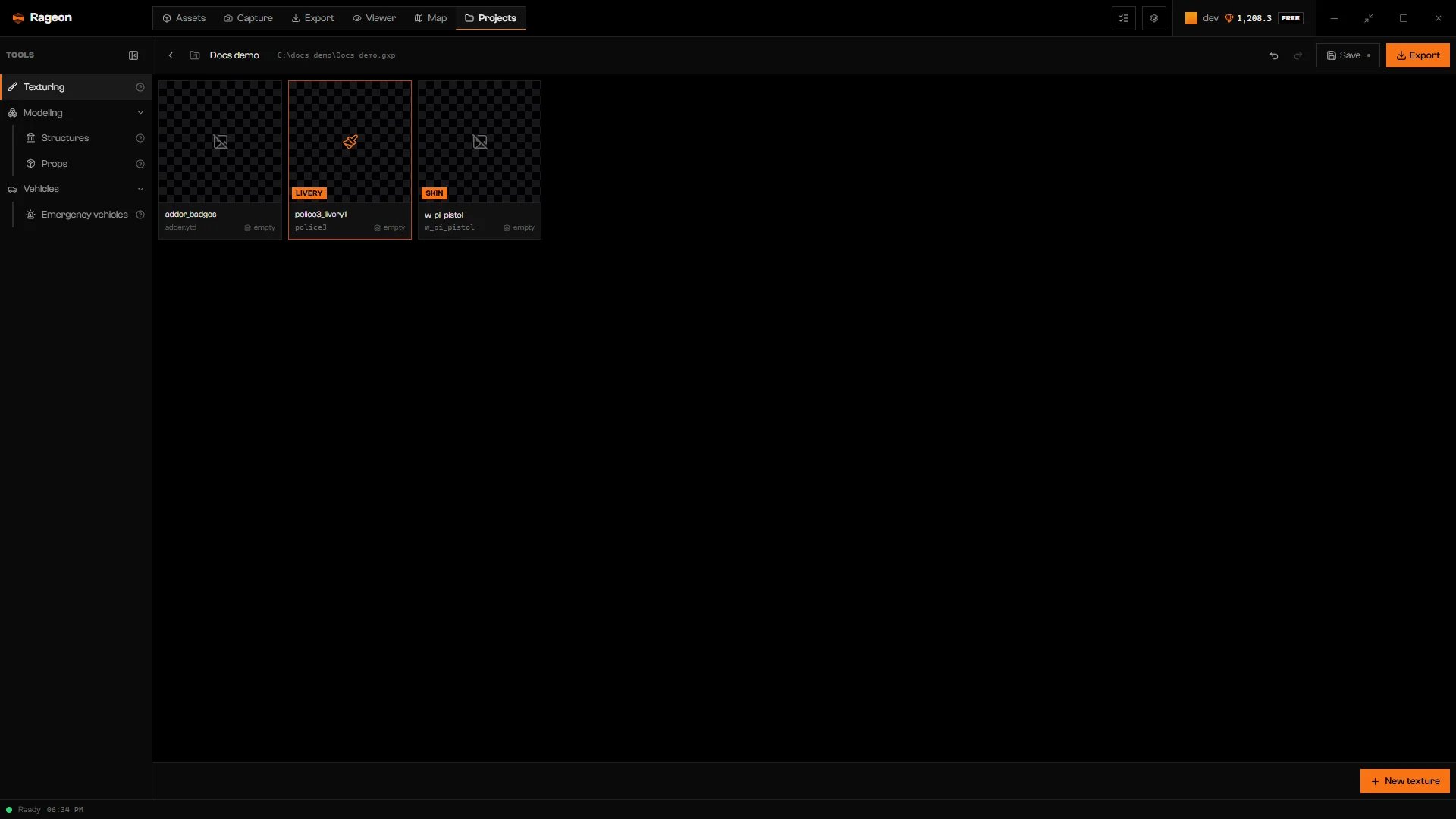 Gallery with three cards: adder_badges, police3_livery1 tagged LIVERY, and w_pi_pistol tagged SKIN