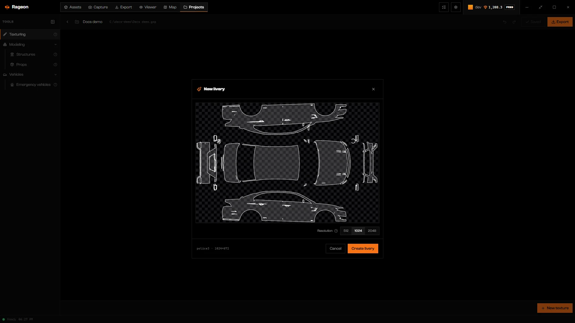 New livery dialog showing the unfolded body template and the Resolution field