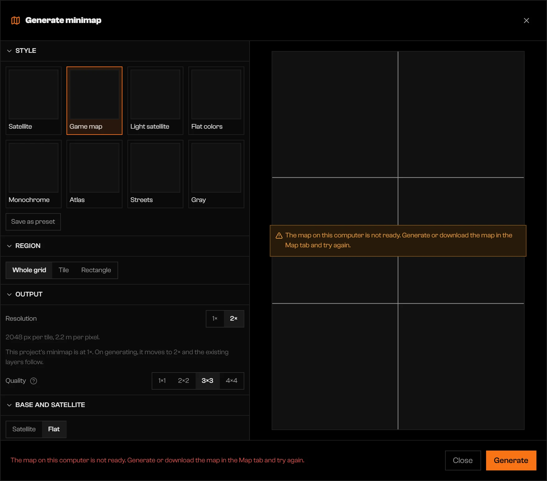 Generate minimap dialog with the message that the map on this computer is not ready