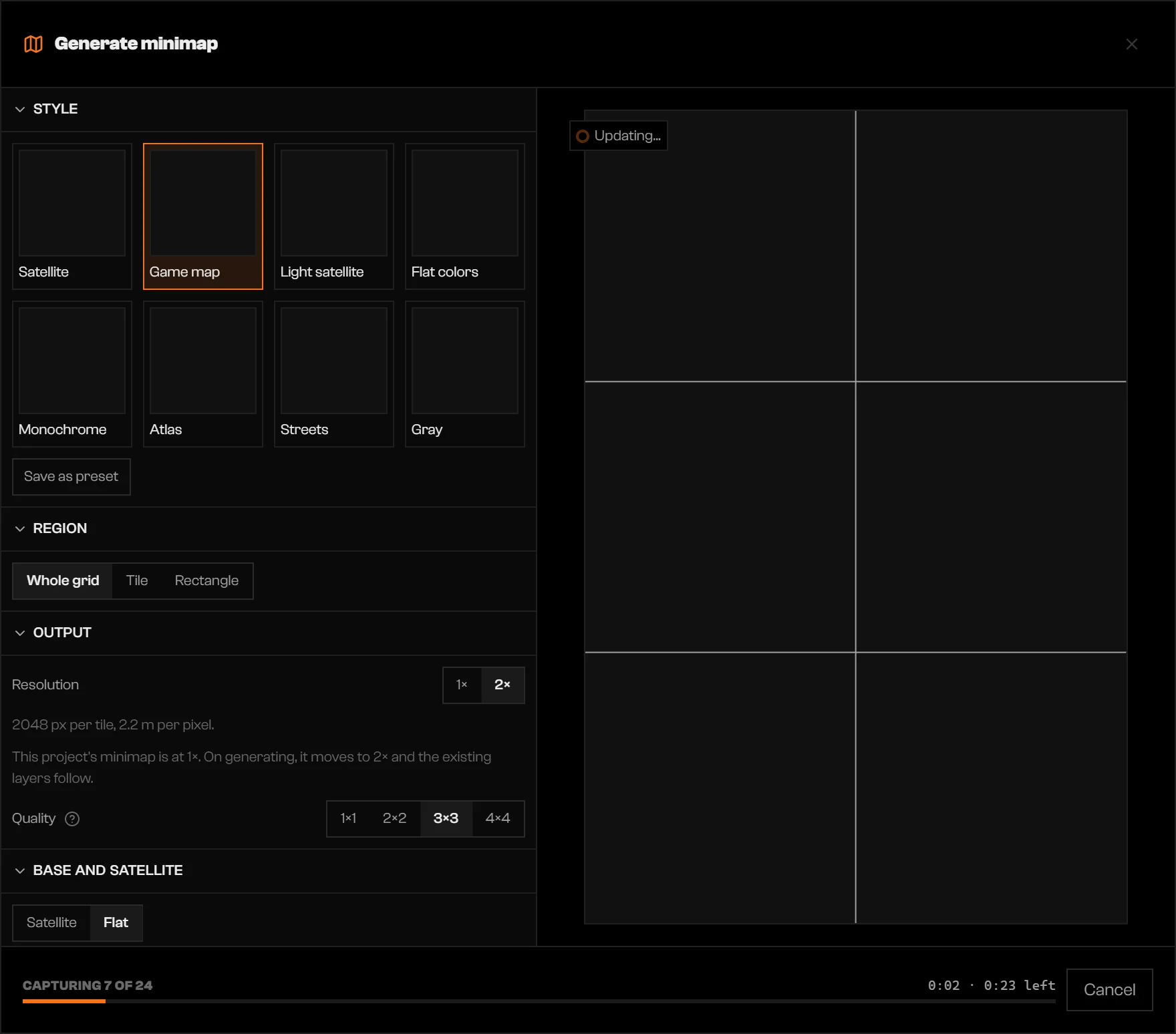 Generate minimap dialog with a progress bar and elapsed and remaining time