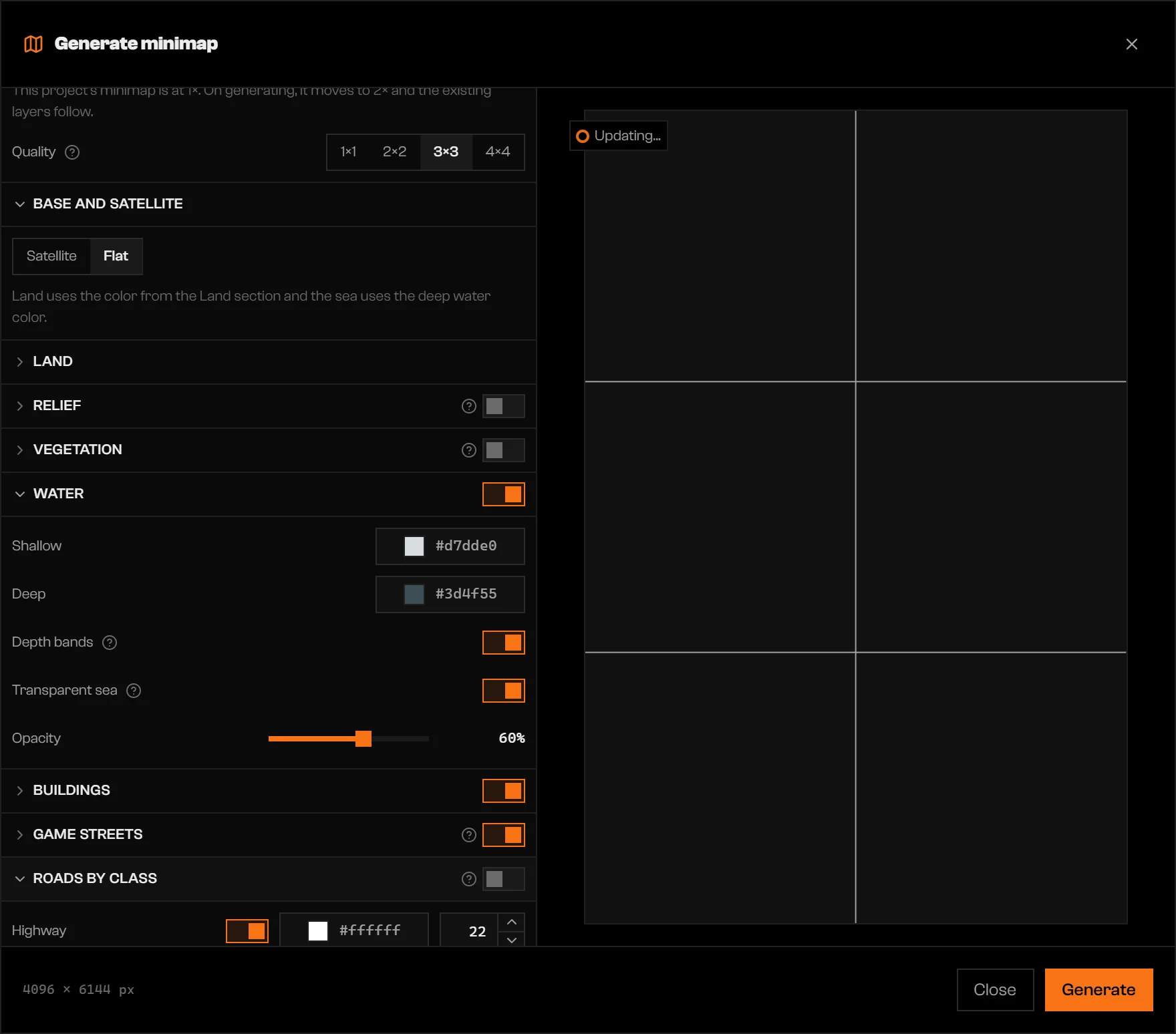 Recipe sections for Water and Roads by class with colors, widths, and outline settings