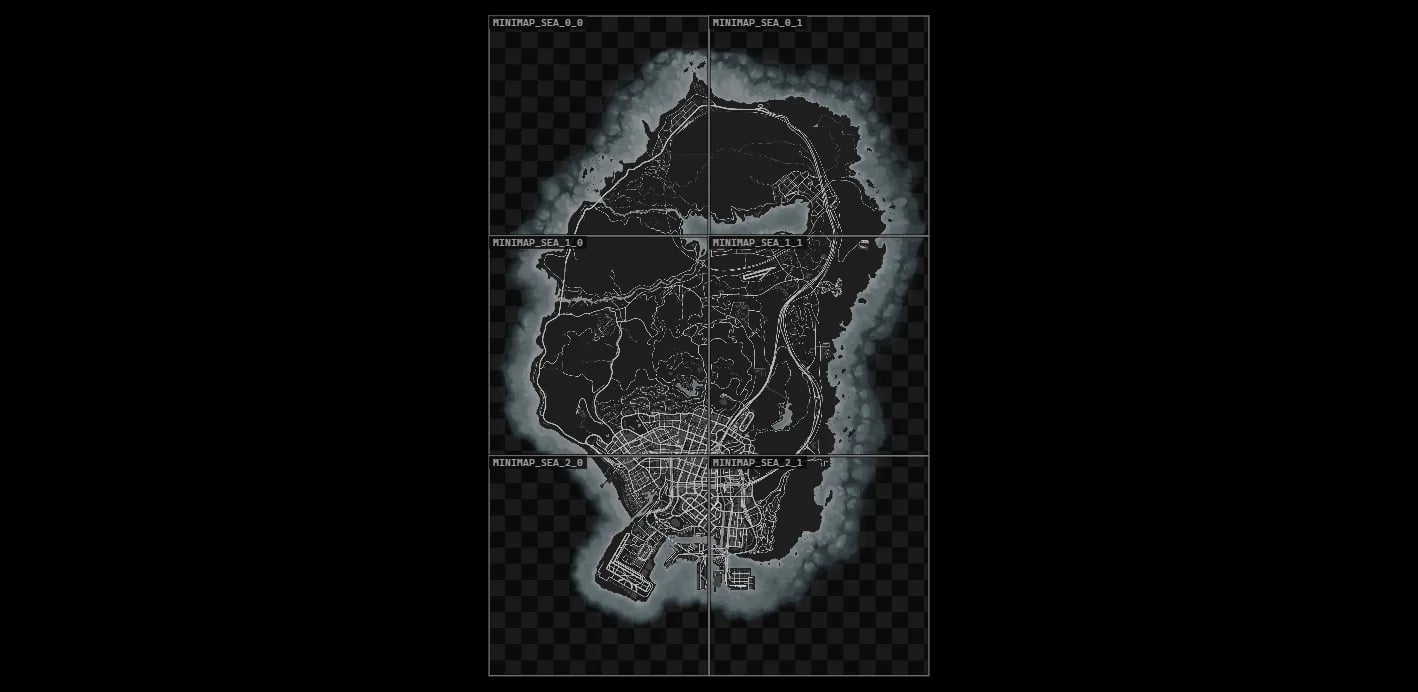 Minimap stage showing the six map parts of the sheet with their seams