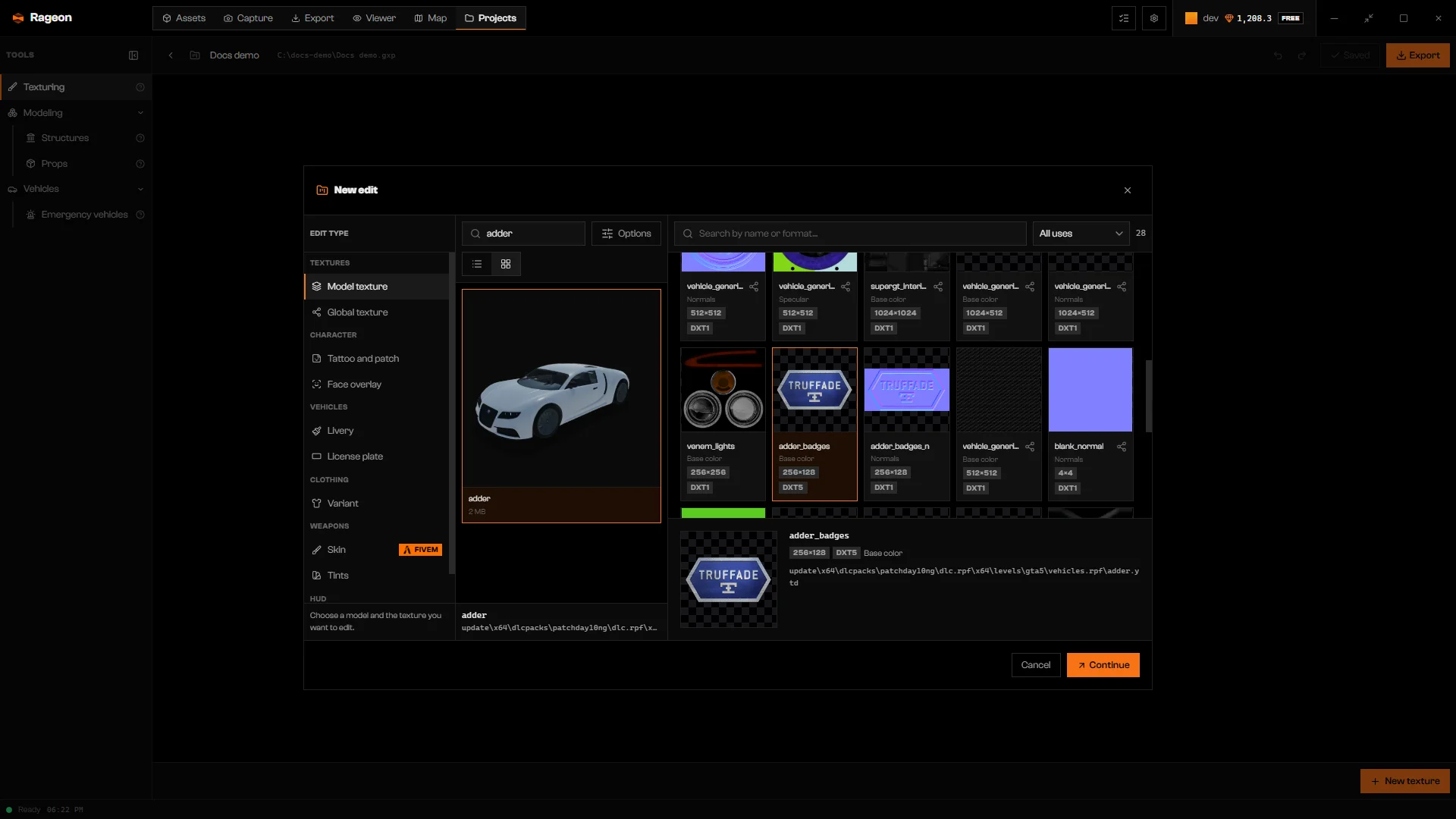 New edit on Model texture with the adder model, a texture grid, and the detail strip