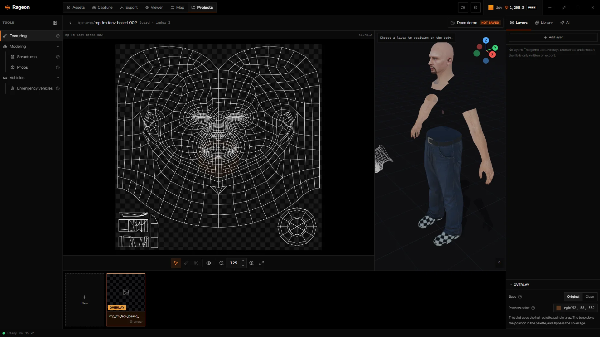 Editor with the overlay mask, the Overlay section with Preview color, and the ped
