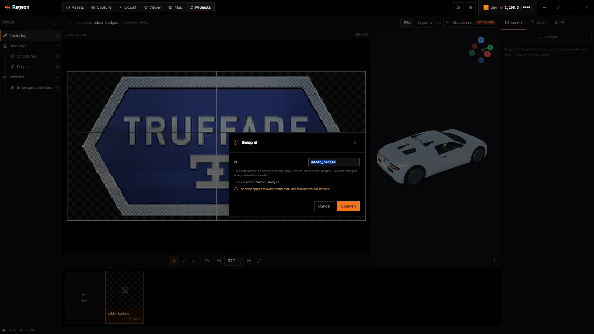 Editor header with the In game switch and the Swap id dialog
