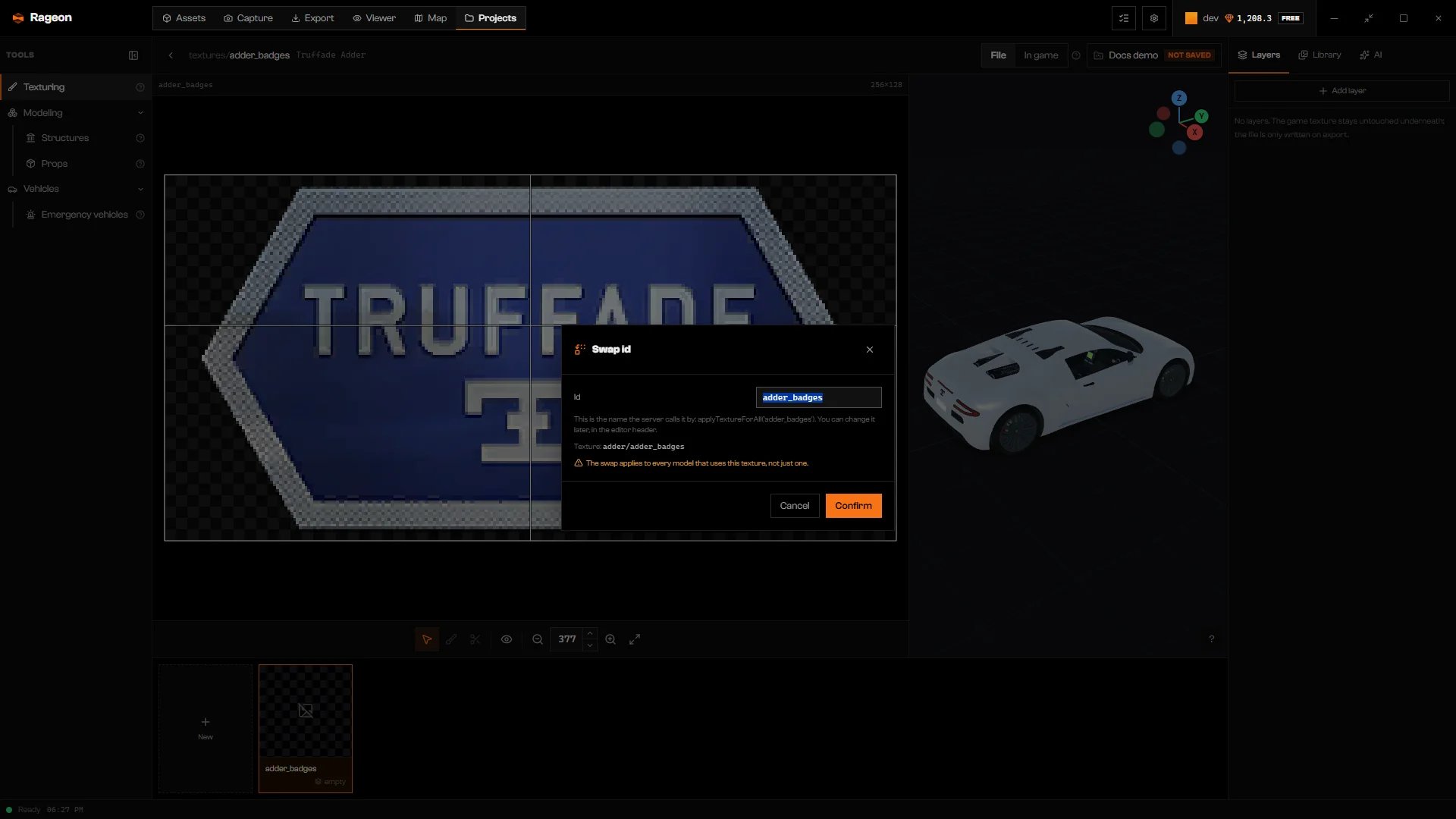 Editor header with the In game switch and the Swap id dialog