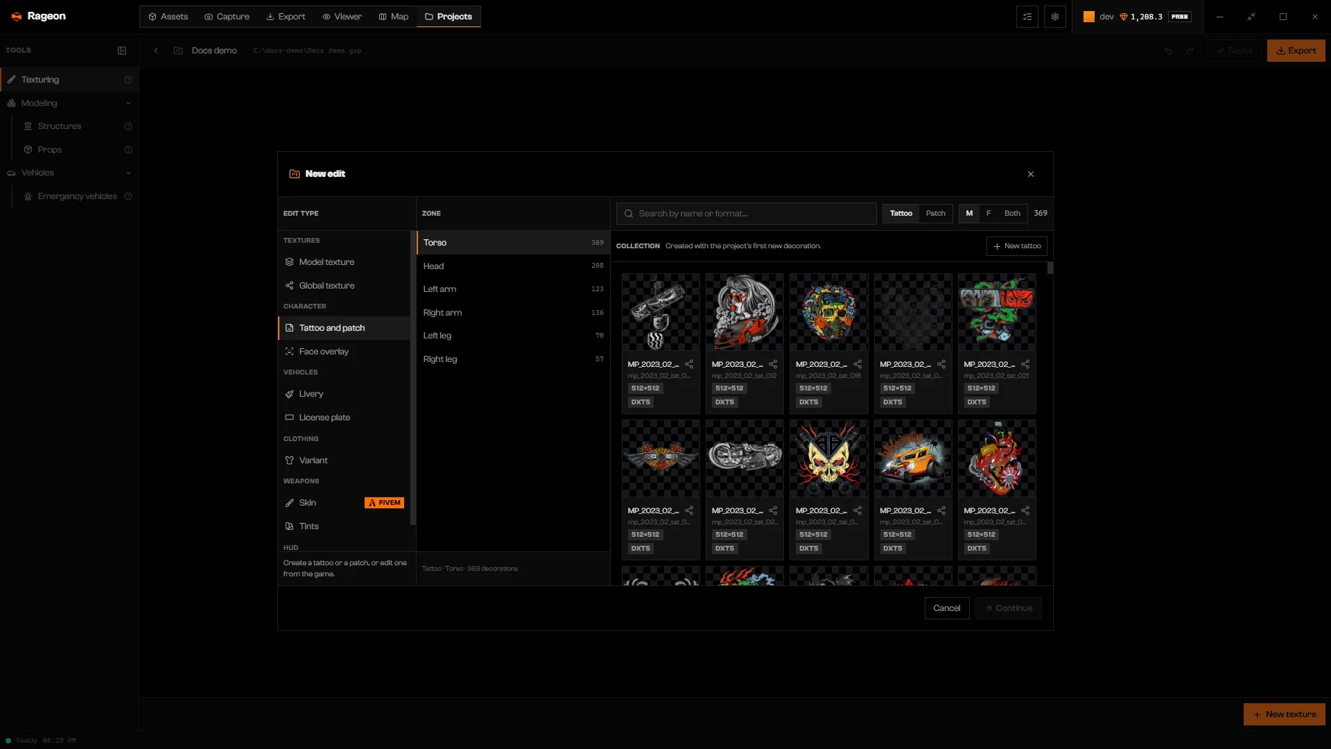 New edit on Tattoo and patch with Type, Gender, Zone, and the New tattoo button