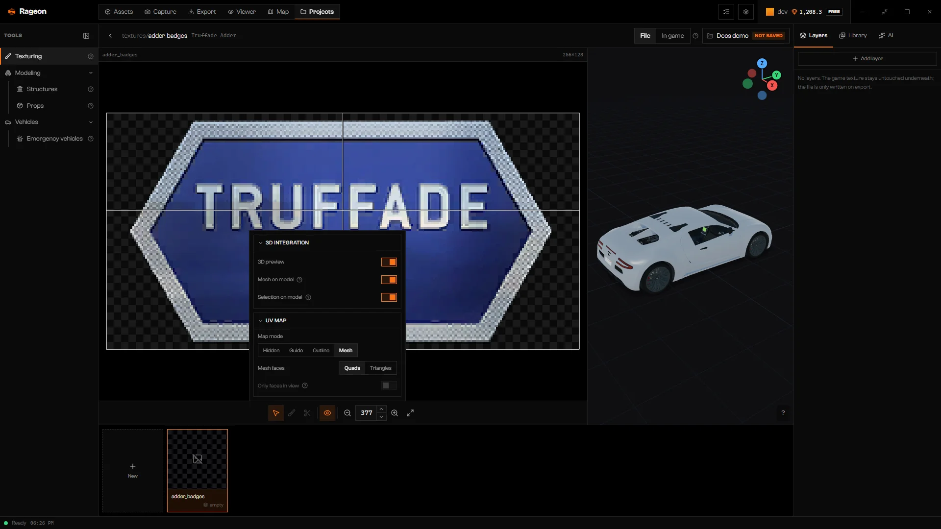 Viewer popover with 3D preview, Mesh on model, Selection on model, Map mode, and Mesh faces