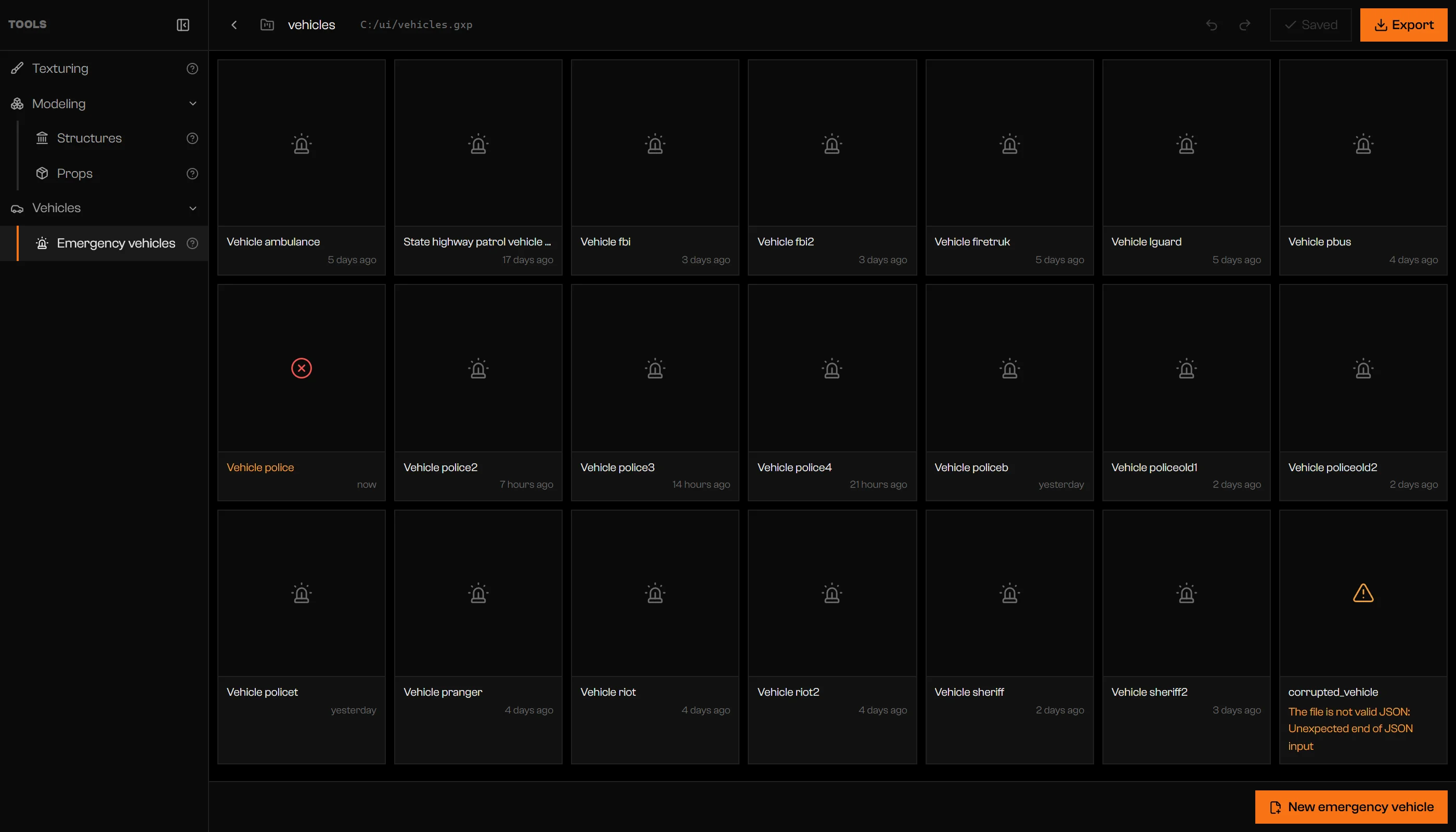 Gallery with a card for a file that does not open and a card marked as repeating another model