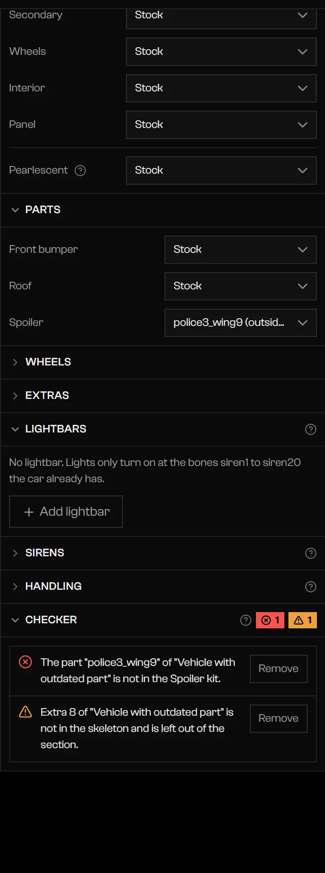 Checker listing an error about a part that is not in the kit, with a Remove button