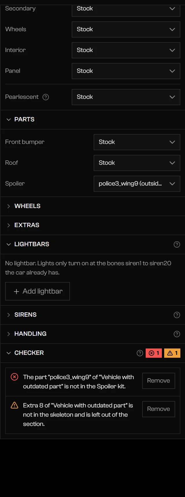 Checker listing an error about a part that is not in the kit, with a Remove button