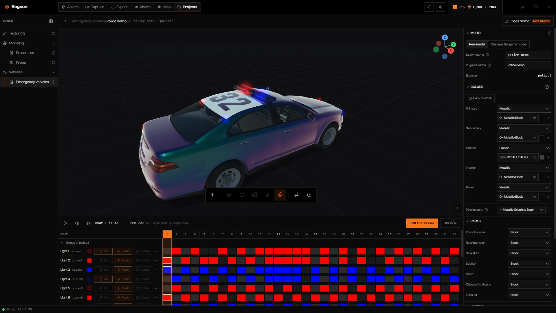 Stage with a painted police car and the Colors section with Primary set