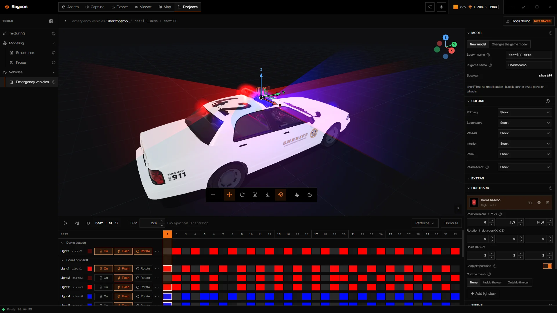 Car with a placed lightbar, the Move gizmo, and the lightbar in the sheet