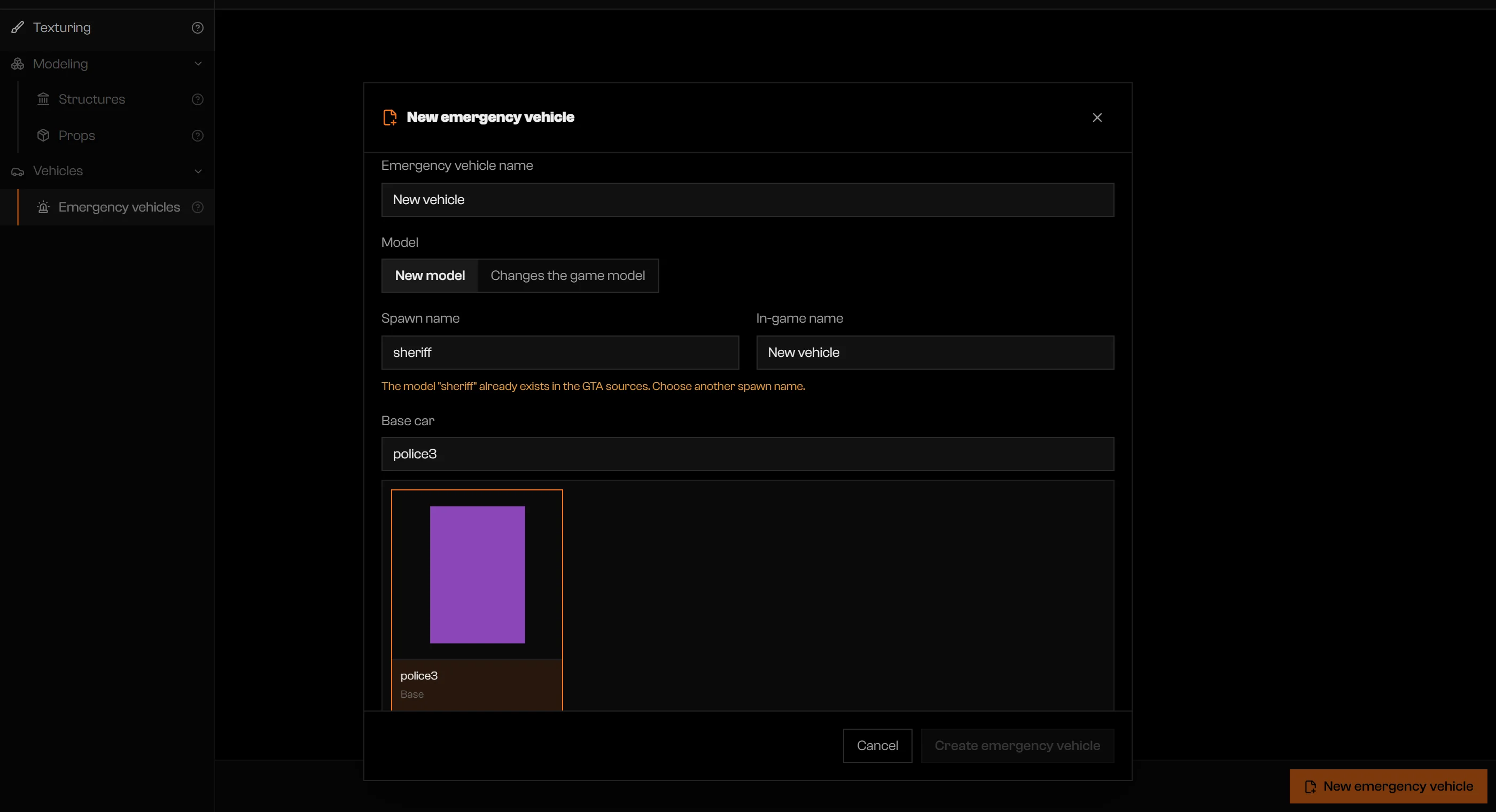 New emergency vehicle dialog with an amber message that the model already exists