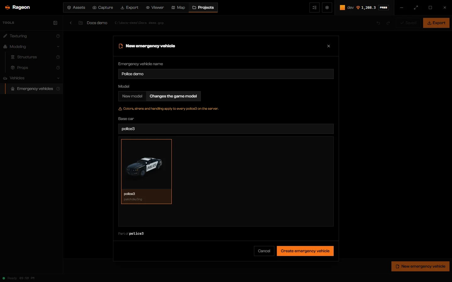 Dialog with Changes the game model and an amber note about every model on the server