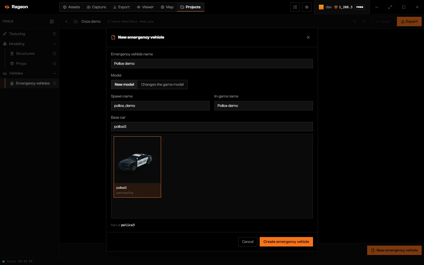 New emergency vehicle dialog with New model, spawn name, in-game name, and police3 selected