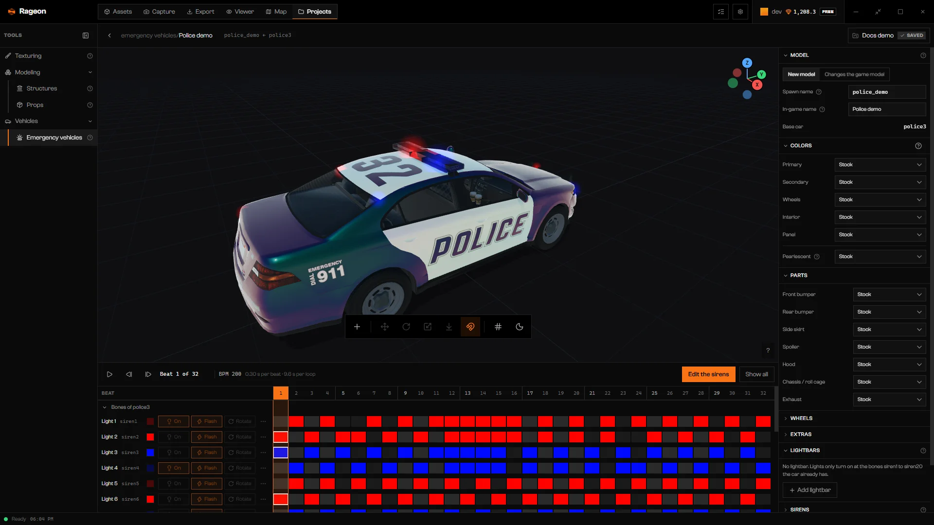 Stage with a police car, siren timeline, and the vehicle sheet