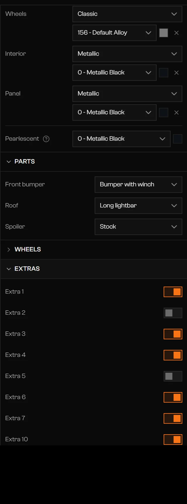 Vehicle sheet with Parts, Wheels, and Extras sections expanded