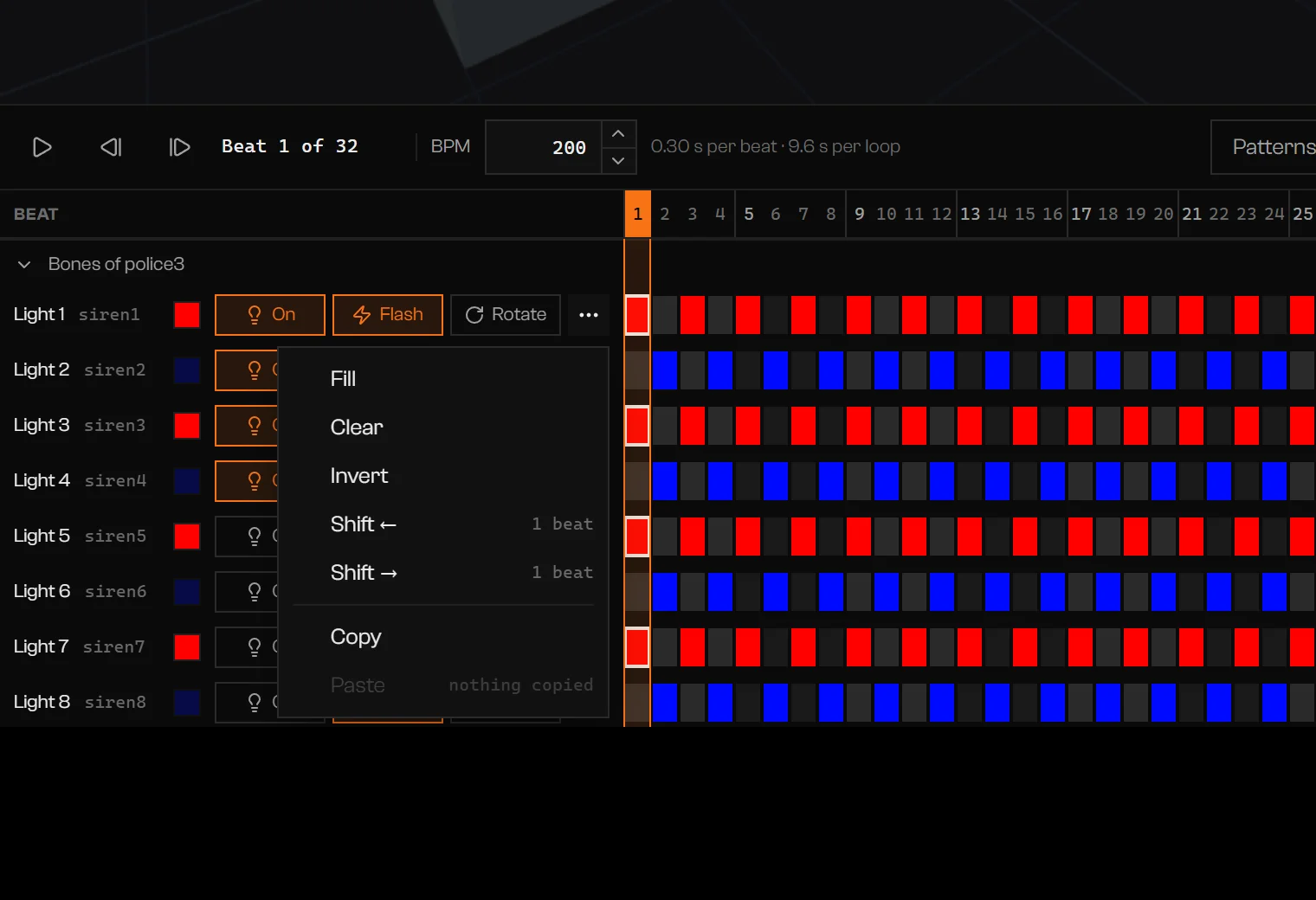 Track menu with Fill, Clear, Invert, Shift, Copy, and Paste