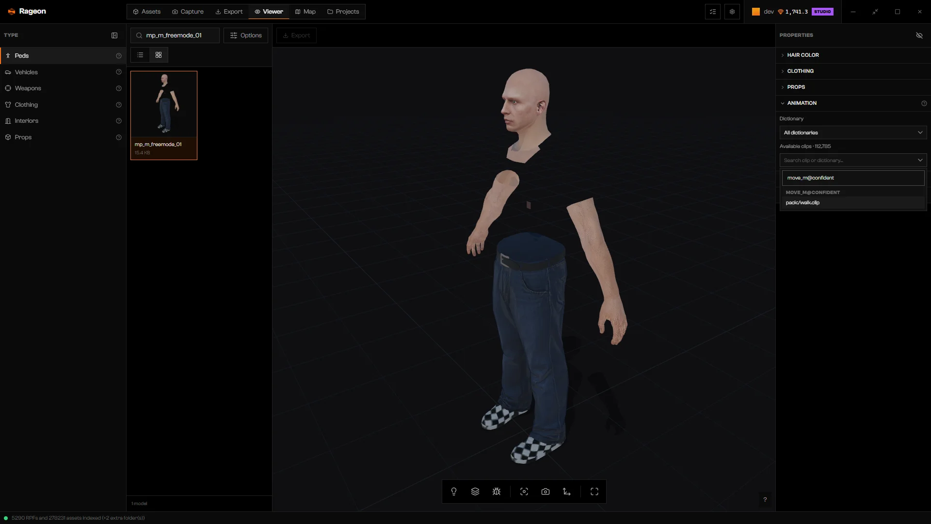 Clip search dropdown open, showing results for move_m@confident