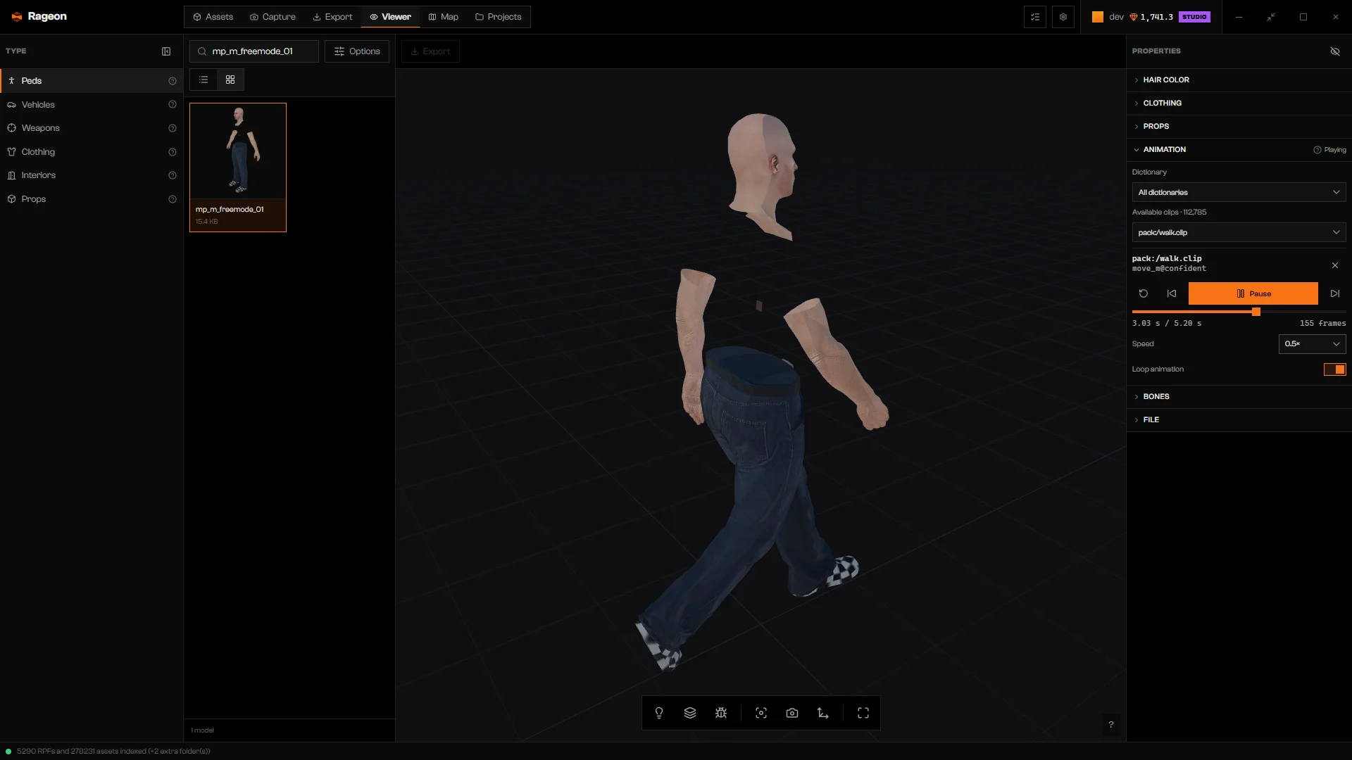 Playback controls for the walk clip with Speed at 0.5× and Loop animation on