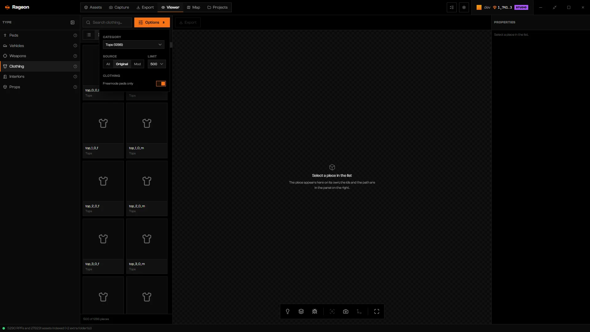 Clothing Options with Category set to Tops, Source set to Original, and Freemode peds only on
