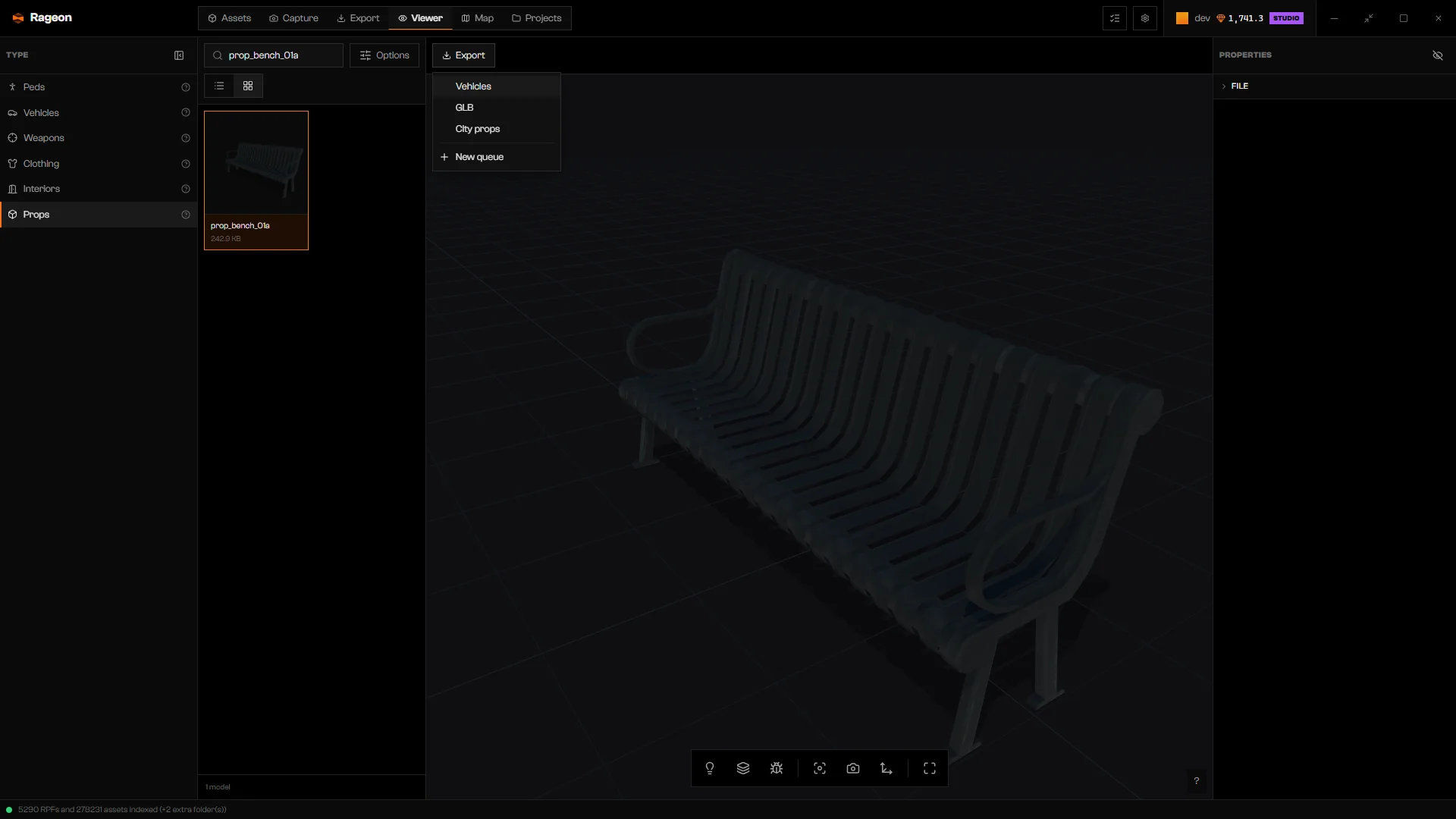 Export menu on a prop, listing the existing queues
