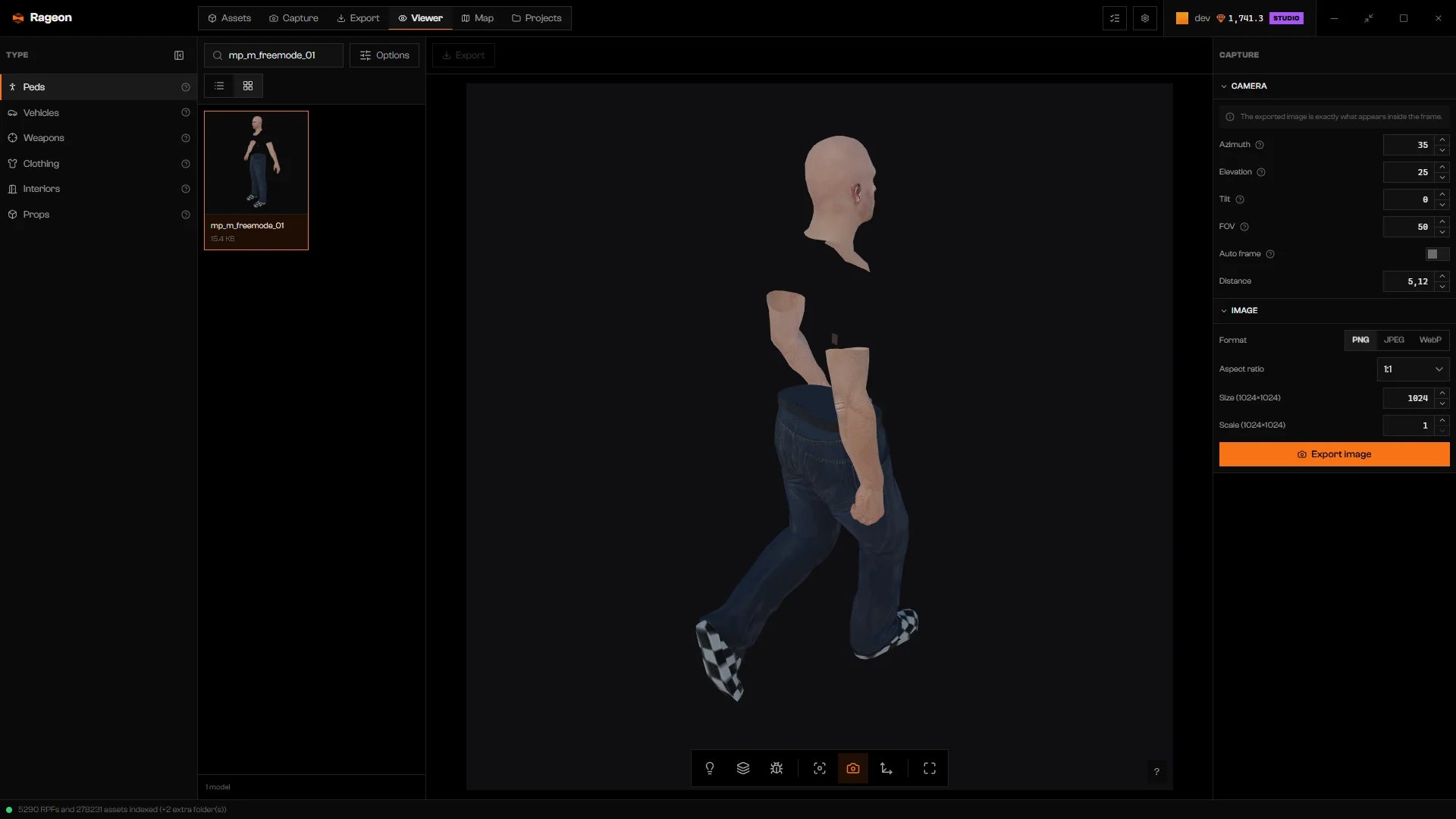 Capture mode framing the paused walking ped