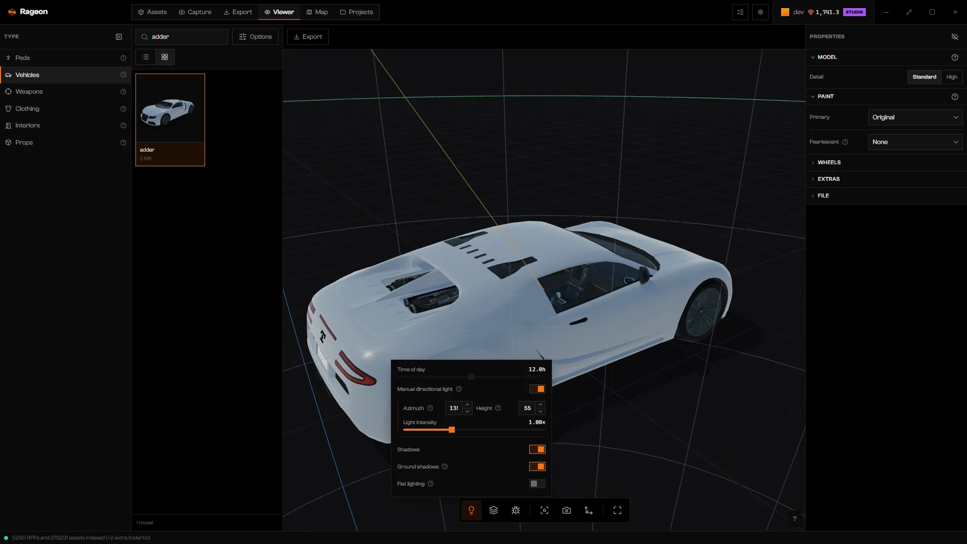 Manual directional light on, with Azimuth, Height, and Light intensity controls
