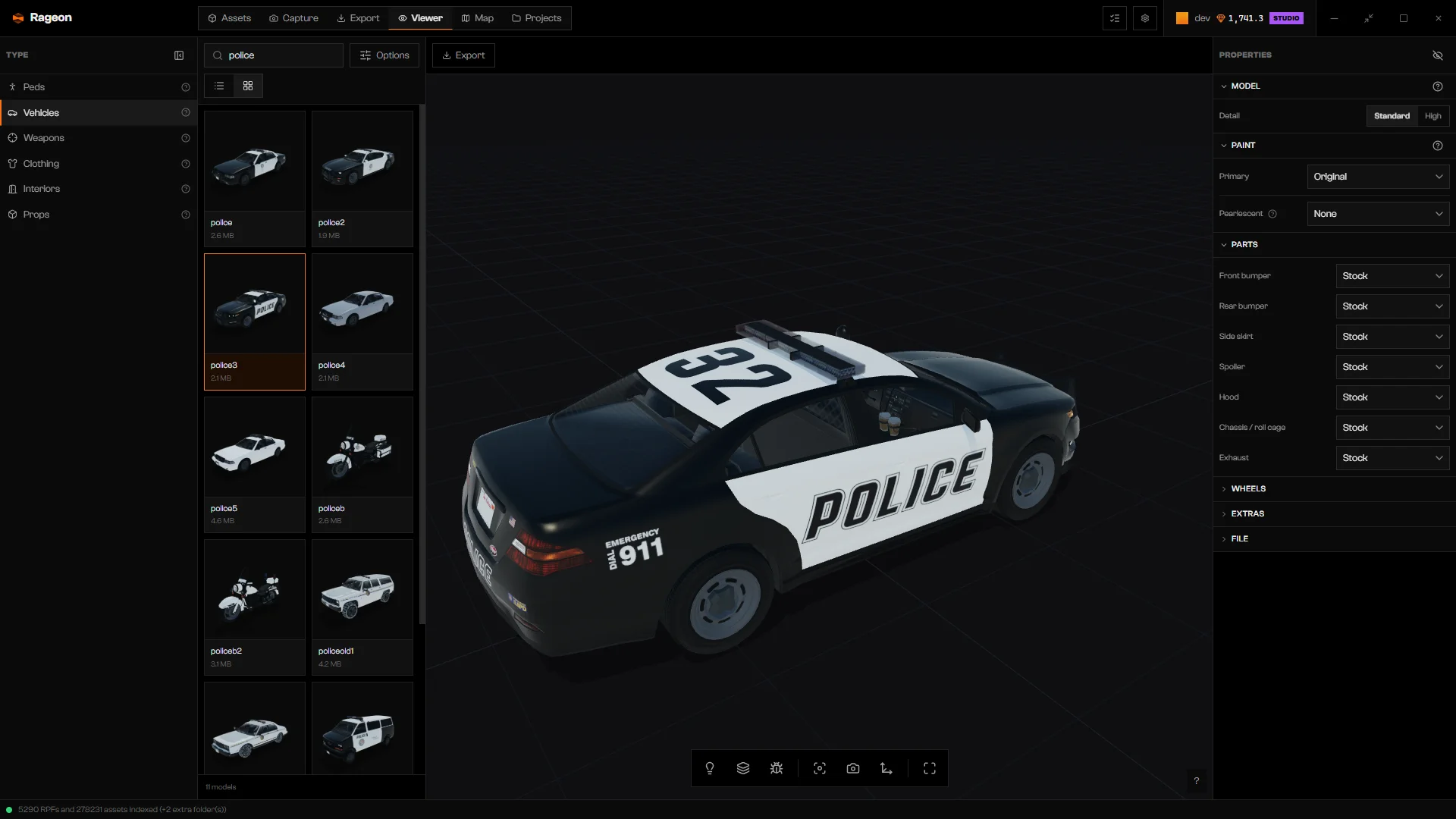 Vehicle catalog searched for police, shown as a grid with police3 selected