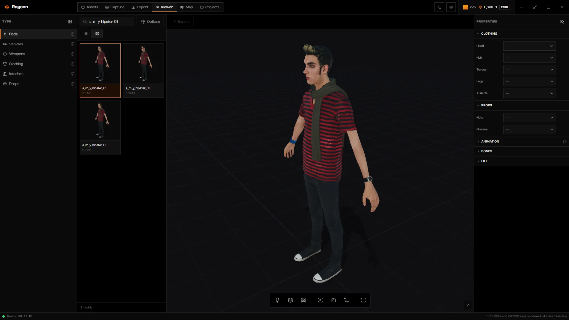 Viewer with a hipster ped loaded, showing the type list, the catalog, and Properties