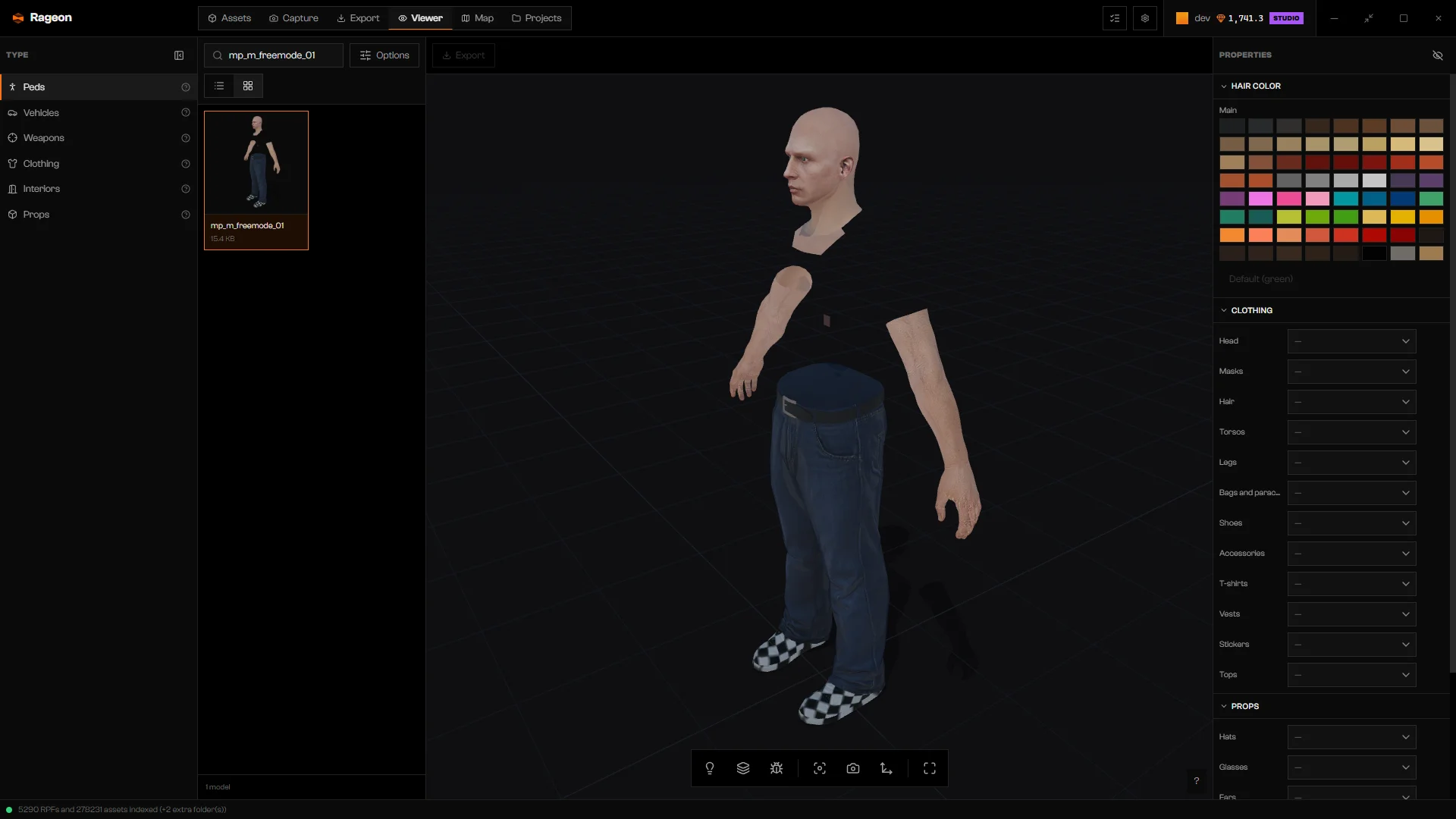 mp_m_freemode_01 as a bare mannequin, with Hair color and the wardrobe slots in Properties