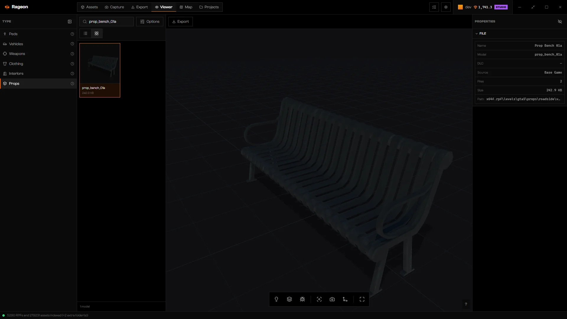 prop_bench_01a loaded with the File section expanded