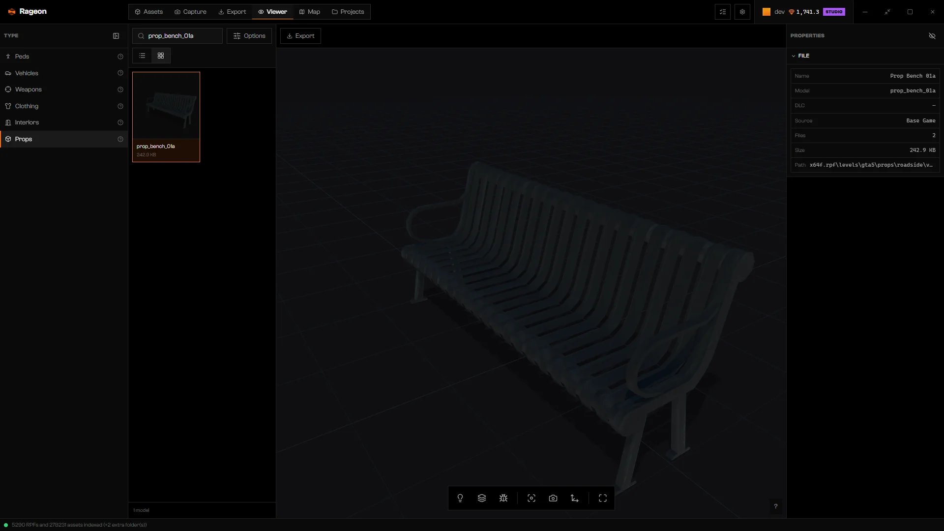 prop_bench_01a loaded with the File section expanded