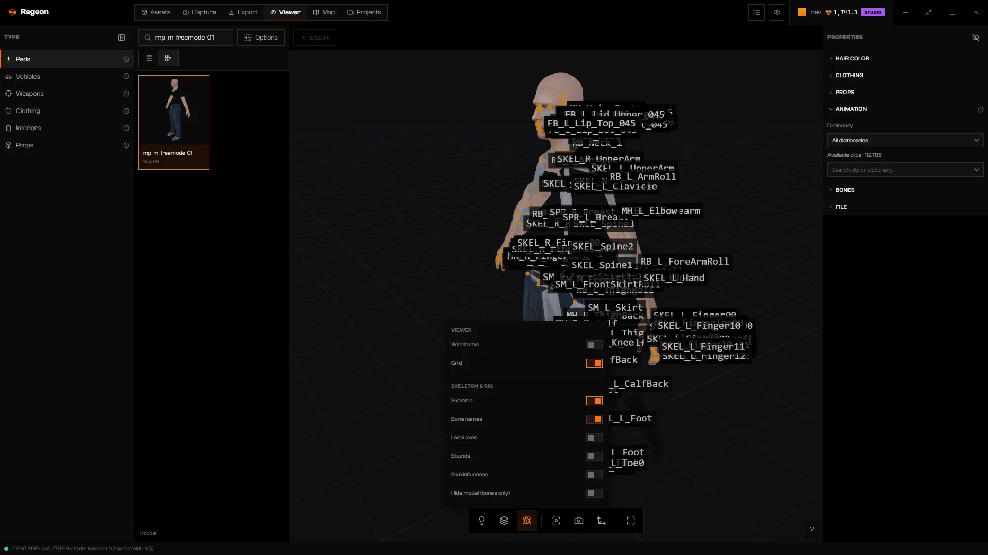 Debug popover open, with the skeleton and bone names drawn over the ped