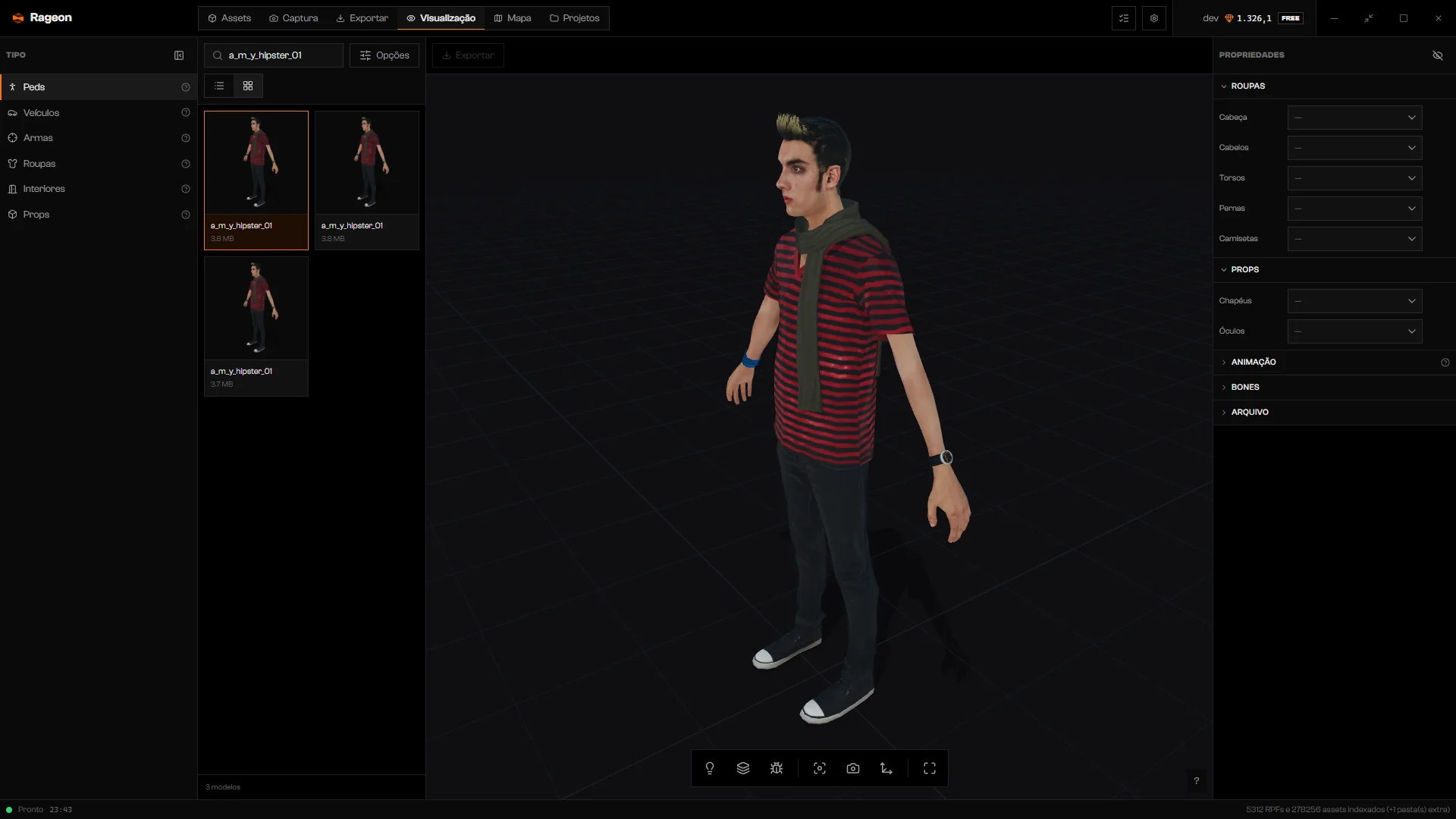 Viewer com um ped hipster carregado, mostrando a lista de tipos, o catálogo e as Propriedades