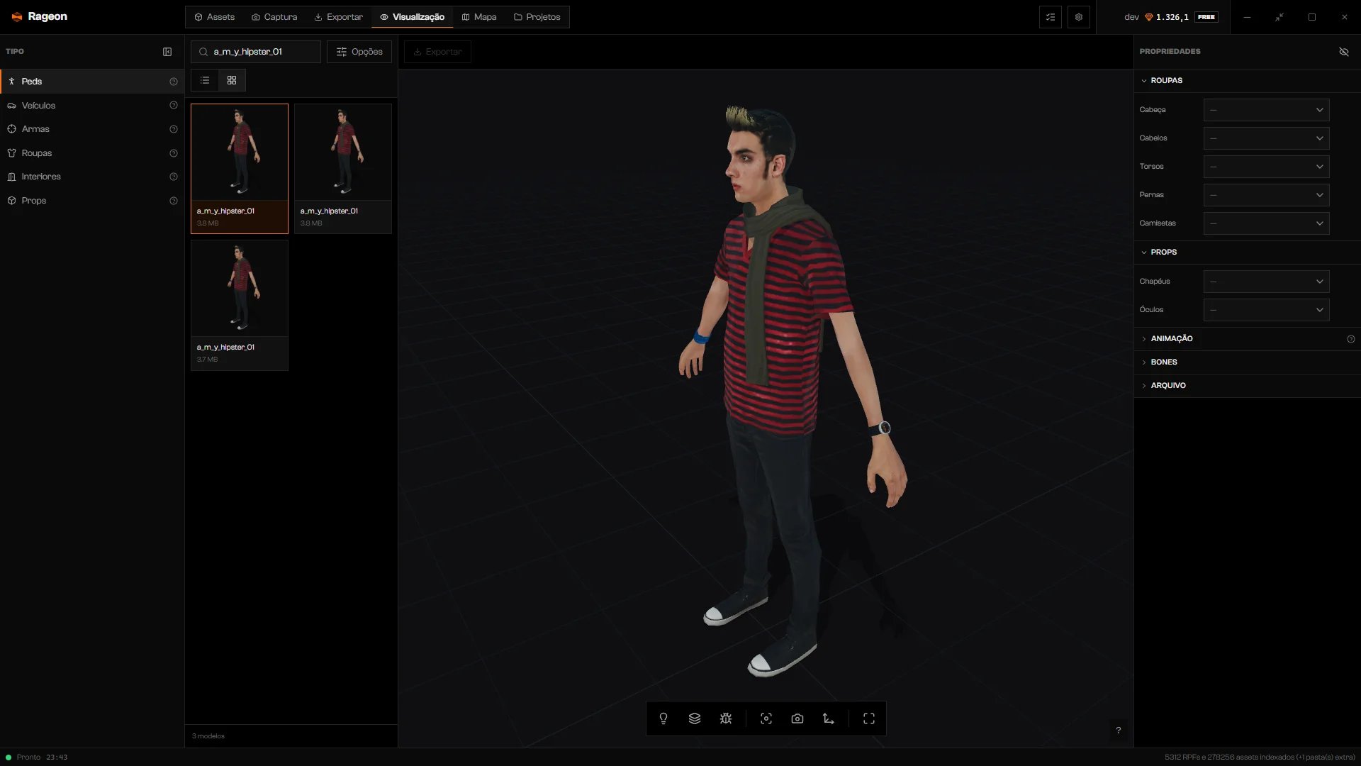 Viewer com um ped hipster carregado, mostrando a lista de tipos, o catálogo e as Propriedades